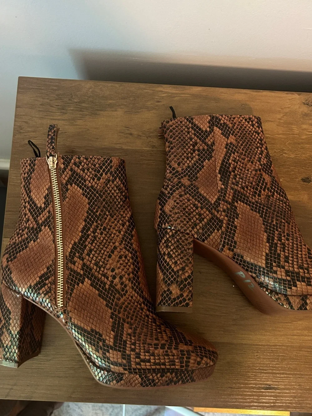 H&M Brown Snake-Print Ankle Boots with Gold Zip